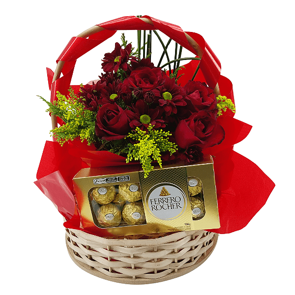 Cesta de Rosas com Chocolate Ferrero Rocher