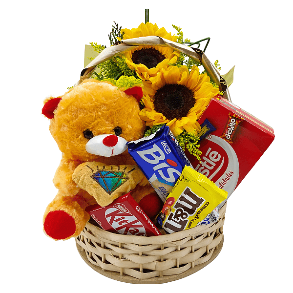 Cesta de Girassóis com Chocolates e Pelúcia